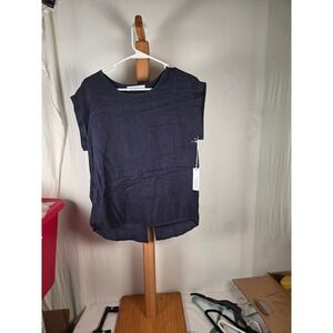 Six Fifty Navy Blue Lyocell Split Back Short Sleeve Pocket Top SF1690 XS NEW